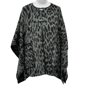 Rafaella Leopard Print Cape Faux Leather Trim Open Front Poncho‎ Gray Black M